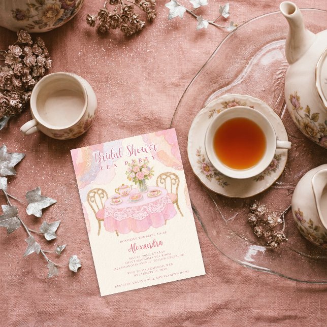 Convite Adorable Pastel Pink Tea Party Bridal Shower (Adorable Pastel Tea Party Illustration Invitation Card Design for Bridal Shower in Pink Tones.)