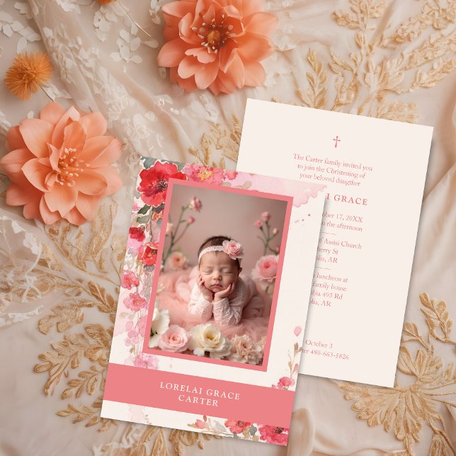 Convite Adorable Sweet Pastel Coral Floral Photo Baptism  (Adorable Sweet Pastel Coral Floral Illustration Baptism Invitation Card with Baby Photo.)