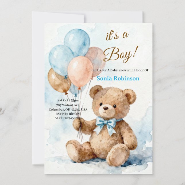 Convite Adorable Teddy Bear Baby Shower Invitation (Frente)