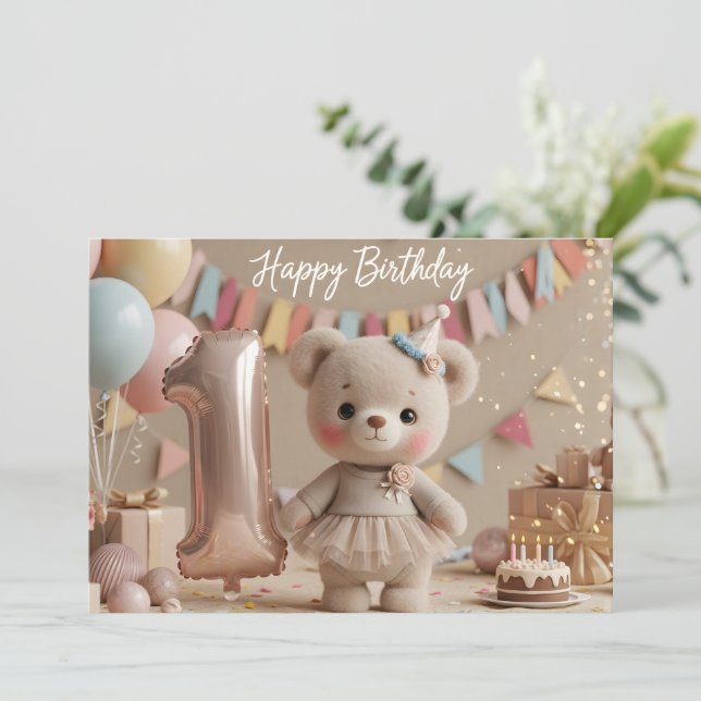 Convite Adorable Teddy Bear First Birthday Invitation (Em pé/Frente)