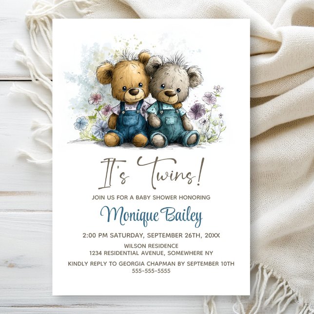 Convite Adorable Teddy Bear Twins Baby Shower (Criador carregado)