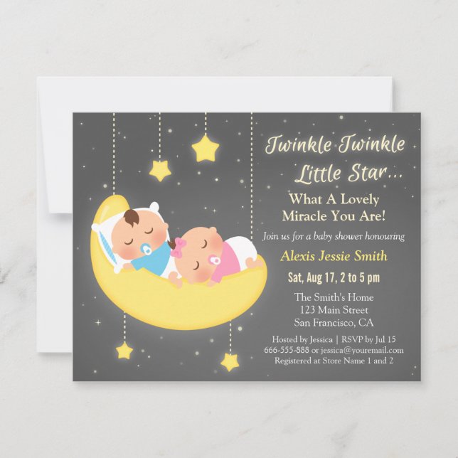 Convite Adoráveis Gêmeos Twinkle Twinkle Little Star Chá d (Frente)