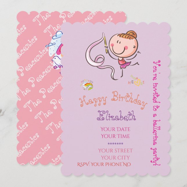 Convite Adorável Bailarina Figurinha de Palito Arco-íris R (Frente/Verso)