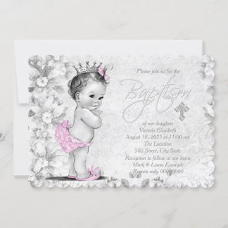 Convite Adorável Batismo de Princesa Vintage Rosa e Cinza