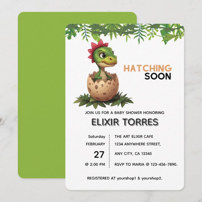 Convite Adorável Bebê Dinossauro Kawaii Eclodindo (Frente/Verso)
