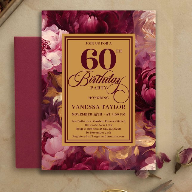 Convite Adorável Beije Dourado Borgonha Estilo 60º Anivers (Lovely Burgundy Blush Gold Style 60th Birthday Invitation

)