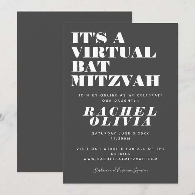 Convite Adorável B'nai Mitzvá Virtual Online Preto e Branc (Frente/Verso)