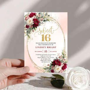 Convite Adorável boho vinho dourado floral sweet sixteen