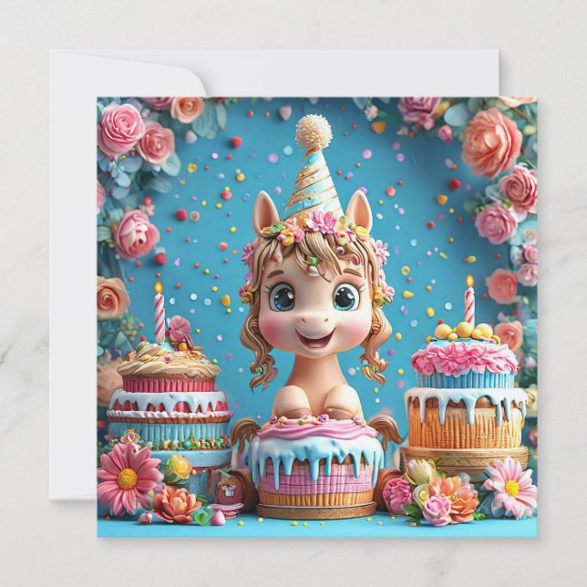 Convite Adorável Cartoon Pony Celebrando Aniversário (Frente)