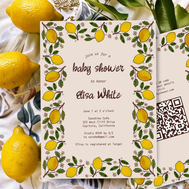 Convite Adorável CHÁ DE FRALDAS de Código QR PERSONALIZADO (Lovely Lemons Rustic CUSTOM QR Code BABY SHOWER Invitation
)