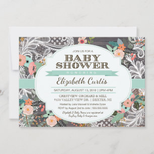 Convite Adorável Chá de fraldas Rustic Floral & Lace Boho