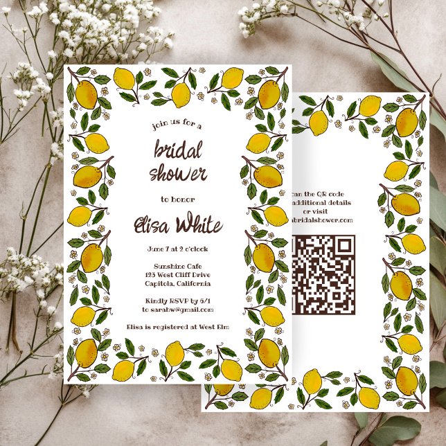 Convite Adorável CHÁ DE PANELA de código QR PERSONALIZADO  (Lovely Lemons CUSTOM QR Code BRIDAL SHOWER Invitation
)