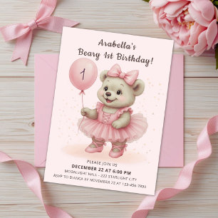 Convite Adorável Coquette Ballerina Bear Aniversário