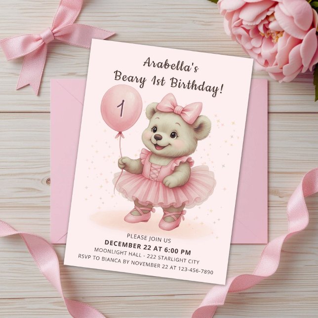 Convite Adorável Coquette Ballerina Bear Aniversário (Criador carregado)
