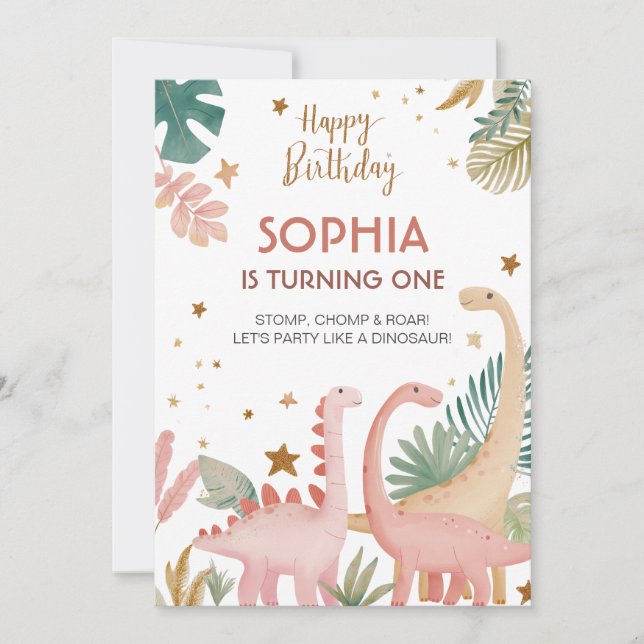 Convite Adorável Dino Rosa (Frente)