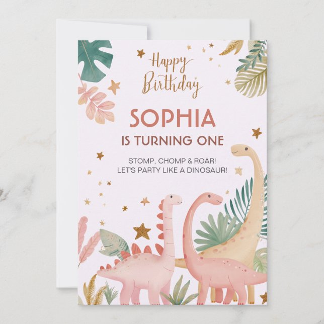 Convite Adorável Dino Rosa (Frente)