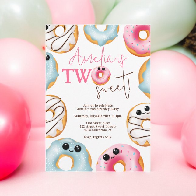 Convite Adorável Duas rosquinhas bonitas segundo aniversár (Adorable Two sweet cute donuts 2nd birthday Invitation)