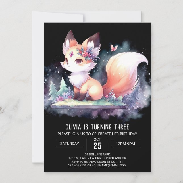 Convite Adorável Fox Birthday digital majestoso (Frente)