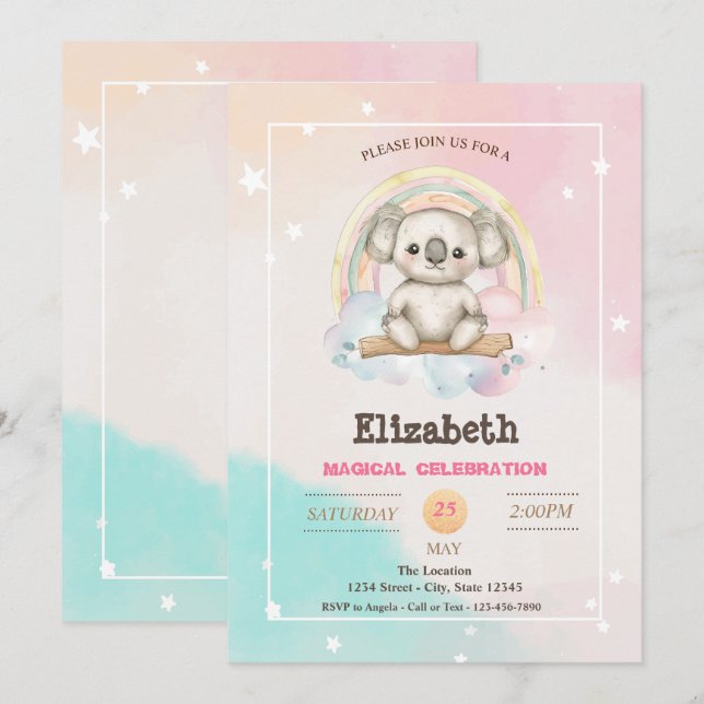 Convite Adorável Koala Bonito Aniversário Arco-Íris (Frente/Verso)