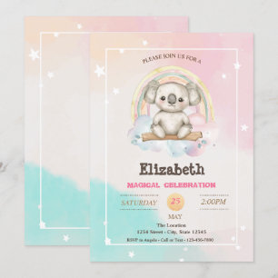 Convite Adorável Koala Bonito Aniversário Arco-Íris
