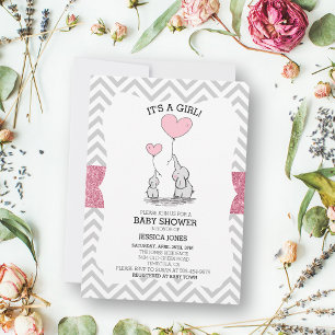 Convite Adorável Mamãe & Bebê Elefantes Rosa Chás de Bebê