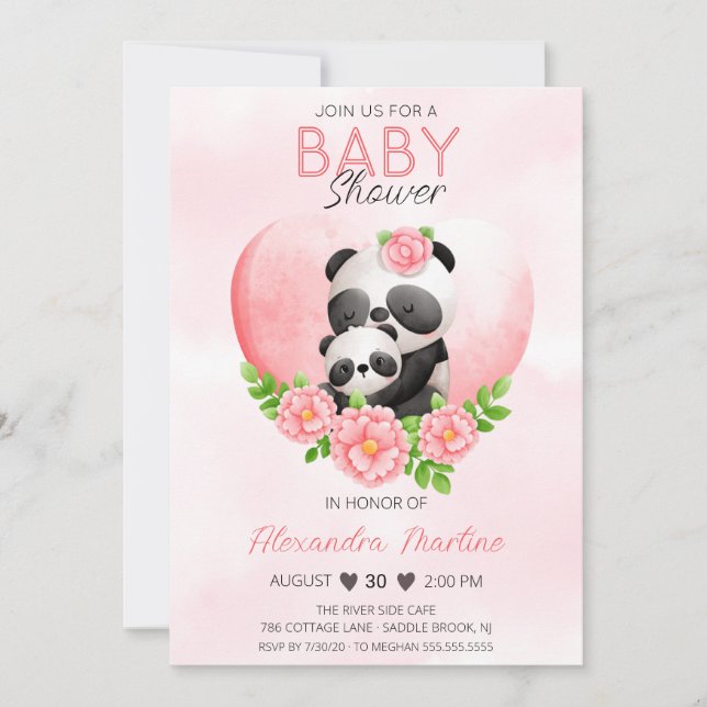 Convite Adorável Mamãe Panda & Bebê Chuveiro de Bebê Flora (Frente)