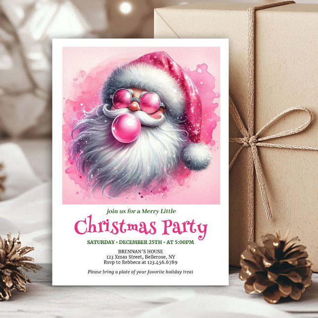 Convite Adorável Natal cor-de-rosa bolha de chiclete aquar (Lovely pink santa bubble gum watercolor Xmas invite)