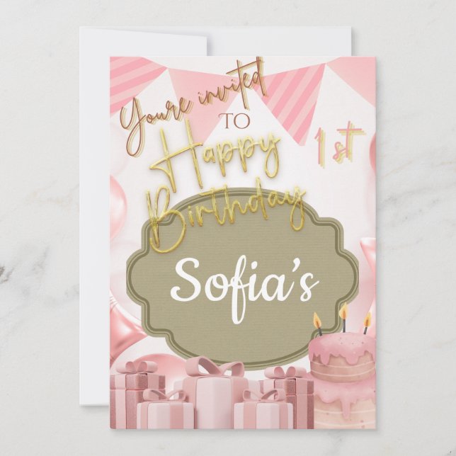 Convite Adorável primeiro aniversario Rosa Feliz Convide (Frente)