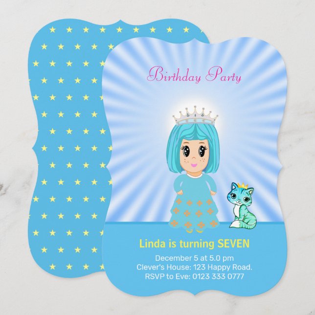 Convite Adorável Princesa Celestial com Gatinho de 7 Anos (Frente/Verso)