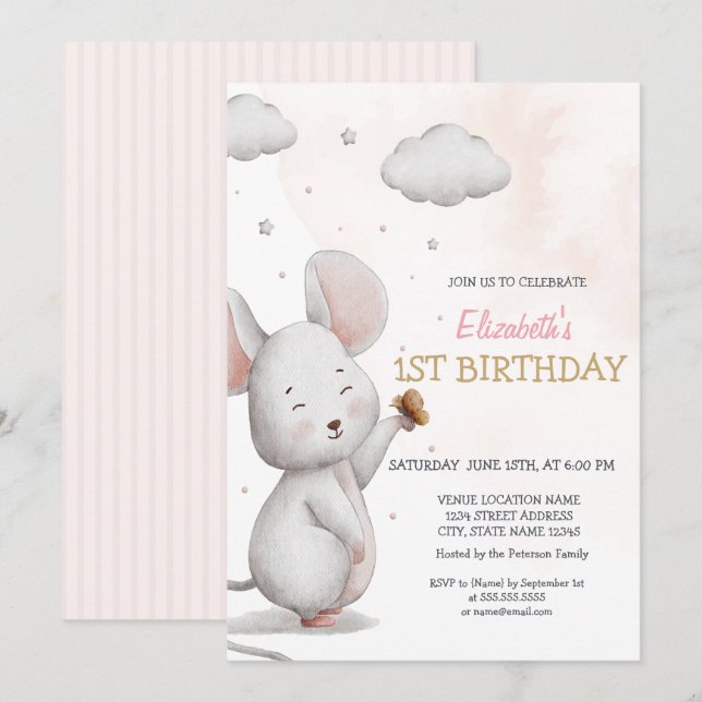 Convite Adorável Ratinho Fofo Listrado Aniversário (Frente/Verso)