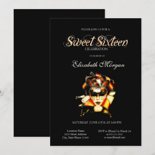 Convite Adorável Veneziano Máscara Preto Sweet 16