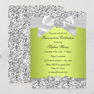 Convite Adorno de Joia Brilhante Verde Quinceanera