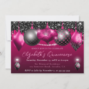 Convite Adorno de Natal Rosa Quente e Preto Quinceanera