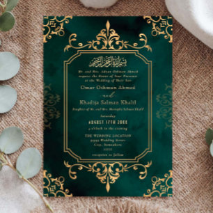 Convite Adorno de Ouro e Esmeralda Casamento Islâmico Vint