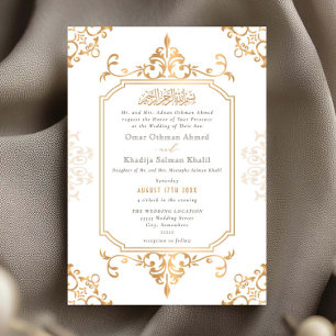 Convite Adorno Elegante Dourado Casamento Islâmico Vintage