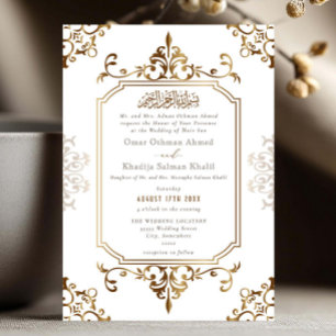 Convite Adorno Elegante Dourado Casamento Islâmico Vintage
