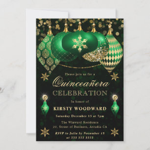 Convite Adornos de Brilho Verde e Dourado Quinceanera