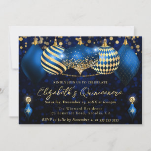 Convite Adornos de Natal Azuis e Dourados Quinceanera