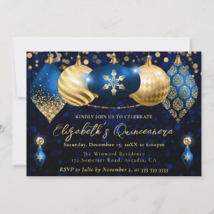 Convite Adornos de Natal Azuis e Dourados Quinceanera