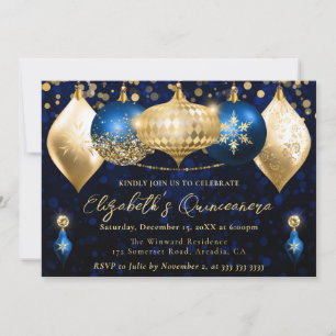 Convite Adornos de Natal Azuis e Dourados Quinceanera