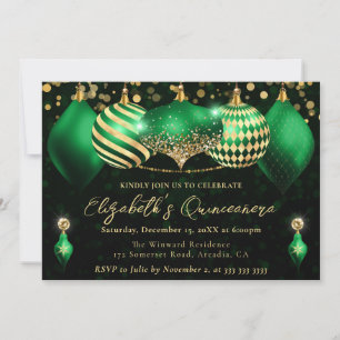 Convite Adornos de Natal Verde e Dourado Quinceanera