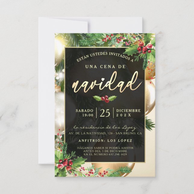 Convite Adornos Dorados Invitación a una Ceña Navideña (Frente)