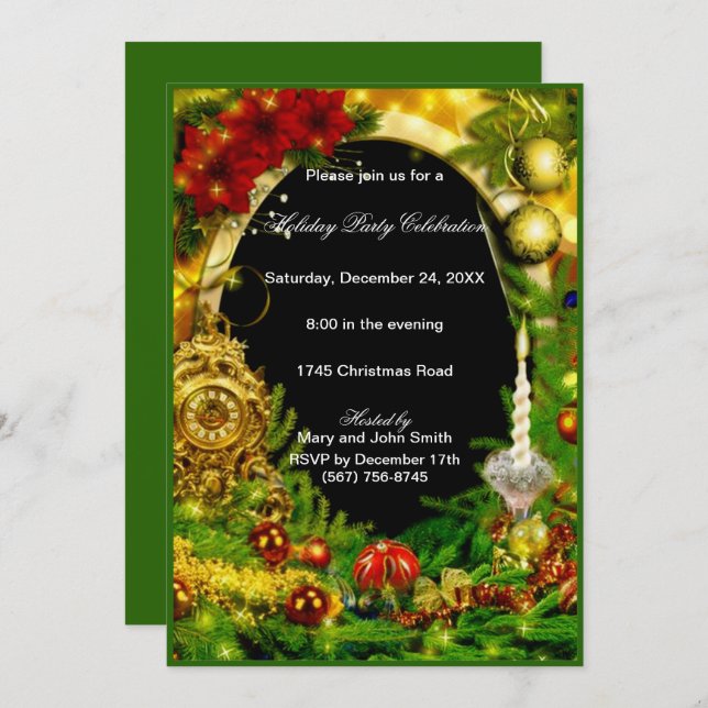 Convite Adornos Dourados Pinheiro Verde Festa de Natal (Frente/Verso)
