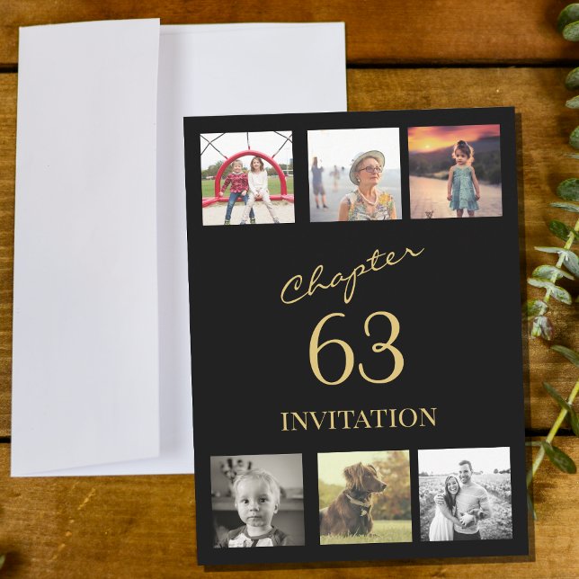 Convite Adulto 6 Foto Preta E Dourada Qualquer Idade Anive (Black and gold birthday party invitation for any age. Your favorite 6 photos in a collage template.)