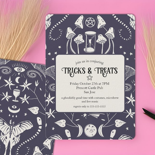 Convite Adulto de Símbolos Ocultos Místicos do Festa de Ha (Witchy & whimsical Halloween party invitations with magical symbols)