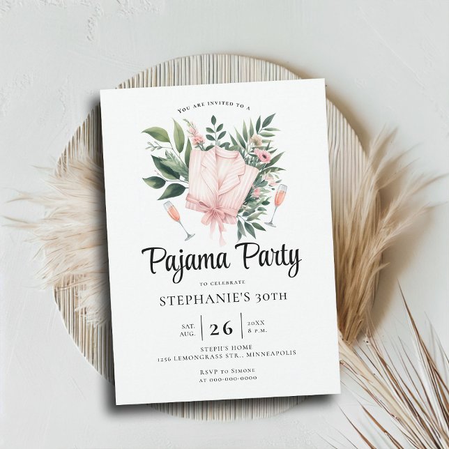 Convite Adulto Festa do Sono aniversário de 30 anos (adult pajama party 30th birthday invitation slumber sleepover elegant wildflowers botanical chic)