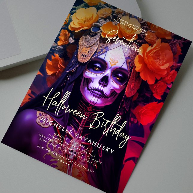 Convite Adulto Gótico Halloween Aniversário de Dia Laranja (Gothic Adult Halloween Birthday Orange Lady Skull Invitation
)