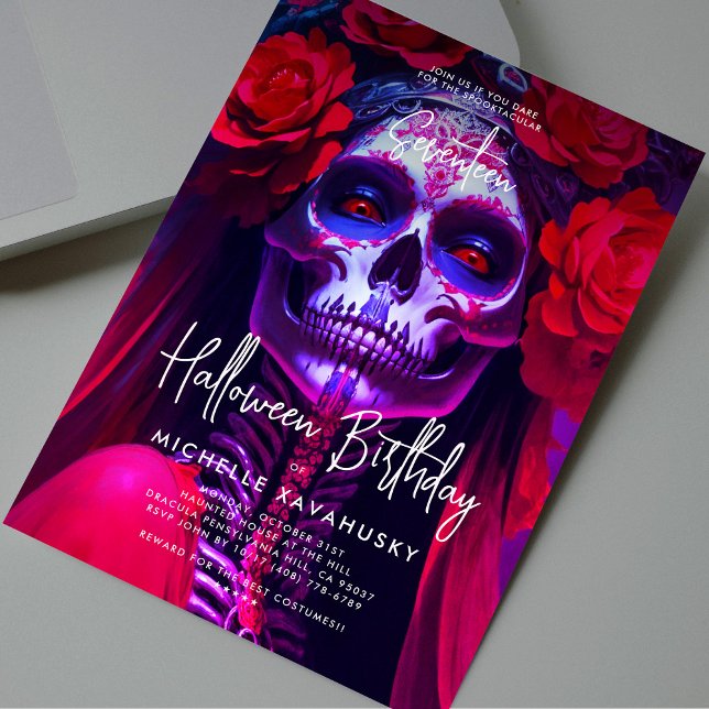 Convite Adulto Halloween Aniversário Vermelha Lady Skull M (Adult Halloween Birthday Red Lady Skull Modern Invitation
)