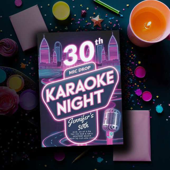 Convite Adulto Karaoke 90s Neon Pink aniversário de 30 ano (90s neon glow arcade pink birthday invitation for women millennial y2k)