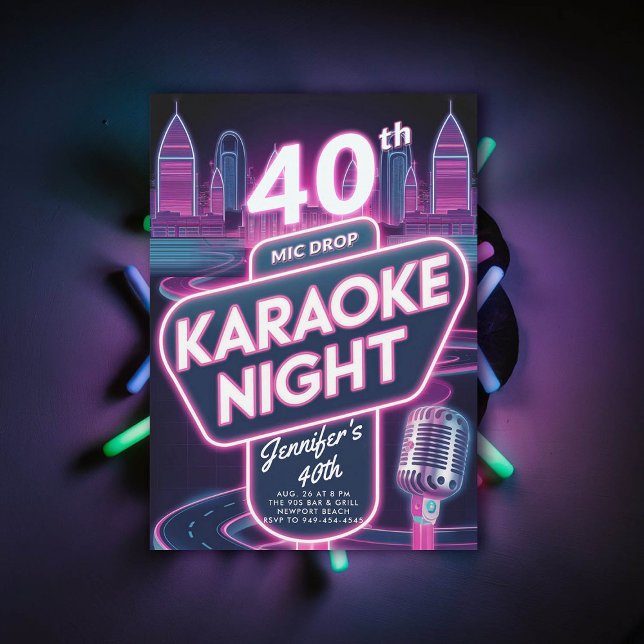 Convite Adulto Karaoke 90s Neon Pink aniversário de 40 ano (90s neon glow arcade pink40th  birthday invitation for women millennial y2k)